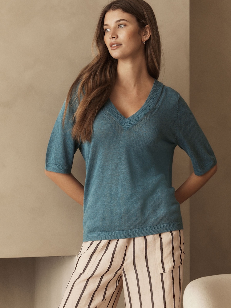 Teal Blue 100% Linen V-Neck Knitted T-Shirt - Image 2 of 6