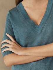 Teal Blue 100% Linen V-Neck Knitted T-Shirt - Image 5 of 6