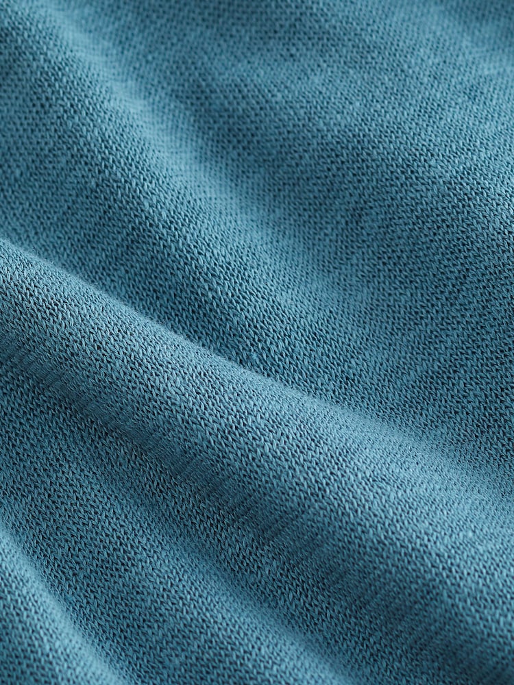 Teal Blue 100% Linen V-Neck Knitted T-Shirt - Image 6 of 6