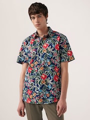 Navy Blue Tropical Floral Regular Fit 100% Cotton Printed Short Sleeve Shirt - Image 1 of 4