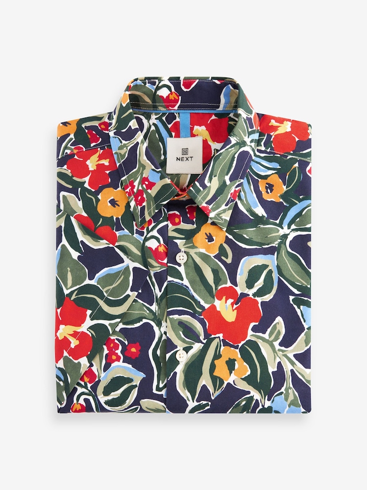 Navy Blue Tropical Floral Regular Fit 100% Cotton Printed Short Sleeve Shirt - Image 2 of 4