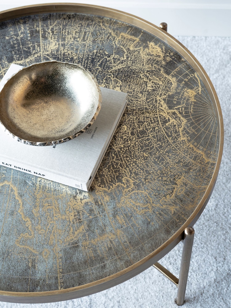 Libra Interiors Gold Vienna Antique Atlas Round Coffee Tray Table - Image 1 of 4