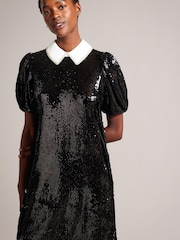 Ted Baker Zarell Black Sequin Shift Dress With Puff Sleeves - Image 1 of 6