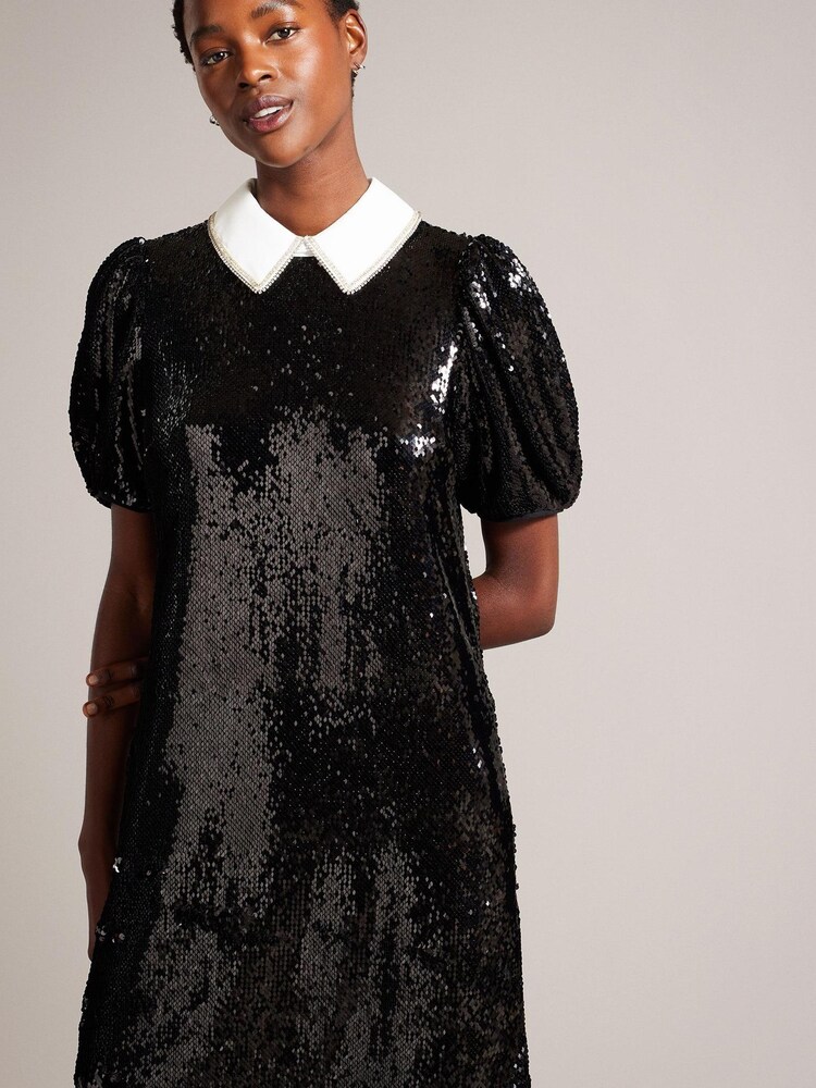 Ted Baker Zarell Black Sequin Shift Dress With Puff Sleeves - Image 1 of 6