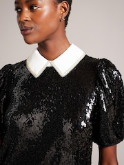 Ted Baker Zarell Black Sequin Shift Dress With Puff Sleeves - Image 4 of 6