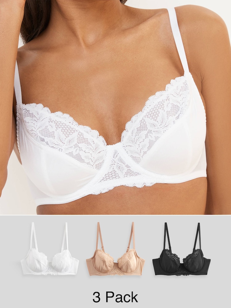 Black/White/Praline Nude 3 Pack Floral Print Non Pad Full Cup Bra - Image 1 of 9