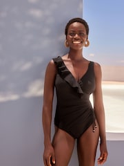 Black Frill Wrap Tummy Shaping Control Swimsuit - Image 1 of 6
