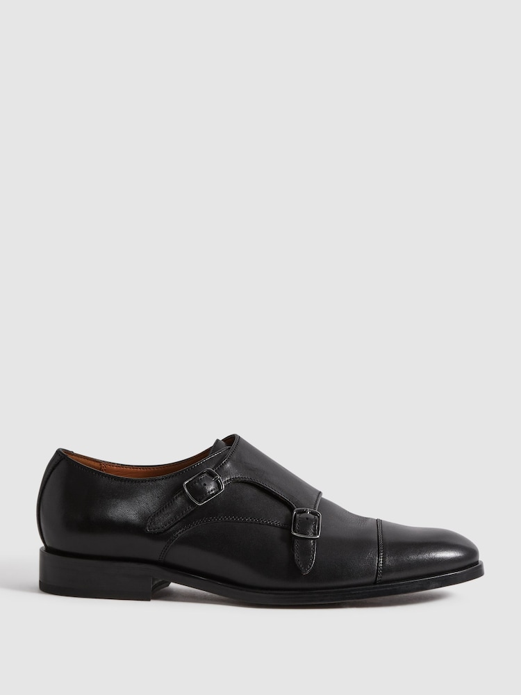 Reiss Black Amalfi Leather Double Monk Strap Shoes - Image 1 of 5 Reiss Black Amalfi Leather Double Monk Strap Shoes - Image 1 of 5