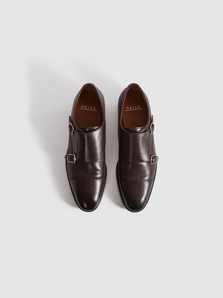 Reiss Dark Brown Amalfi Leather Double Monk Strap Shoes - Image 3 of 5
