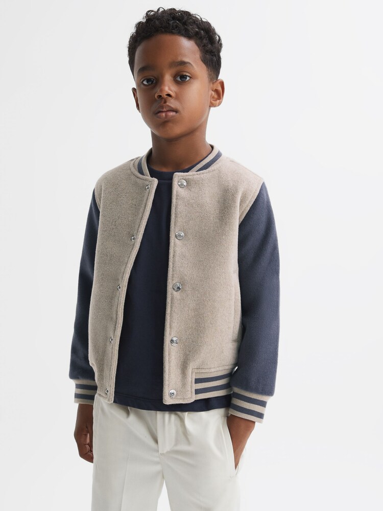 Reiss Stone/Airforce Blue Kansas 13-14 yrs Wool Blend Varsity Bomber Jacket - Image 1 of 7 Reiss Stone/Airforce Blue Kansas 13-14 yrs Wool Blend Varsity Bomber Jacket - Image 1 of 7