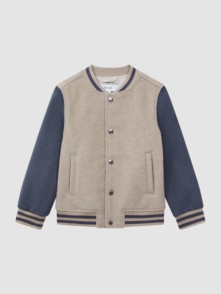 Reiss Stone/Airforce Blue Kansas 13-14 yrs Wool Blend Varsity Bomber Jacket - Image 2 of 7 Reiss Stone/Airforce Blue Kansas 13-14 yrs Wool Blend Varsity Bomber Jacket - Image 2 of 7