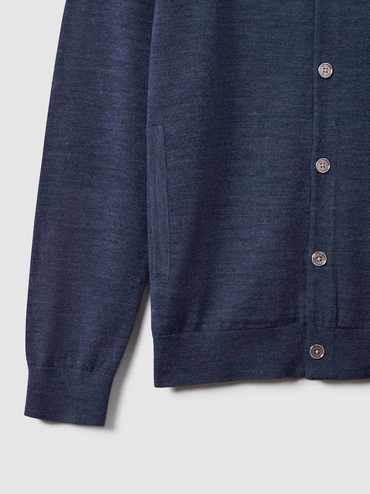Reiss Indigo Melange Harlow Merino Wool Button Through Funnel Neck Shirt - Image 6 of 6