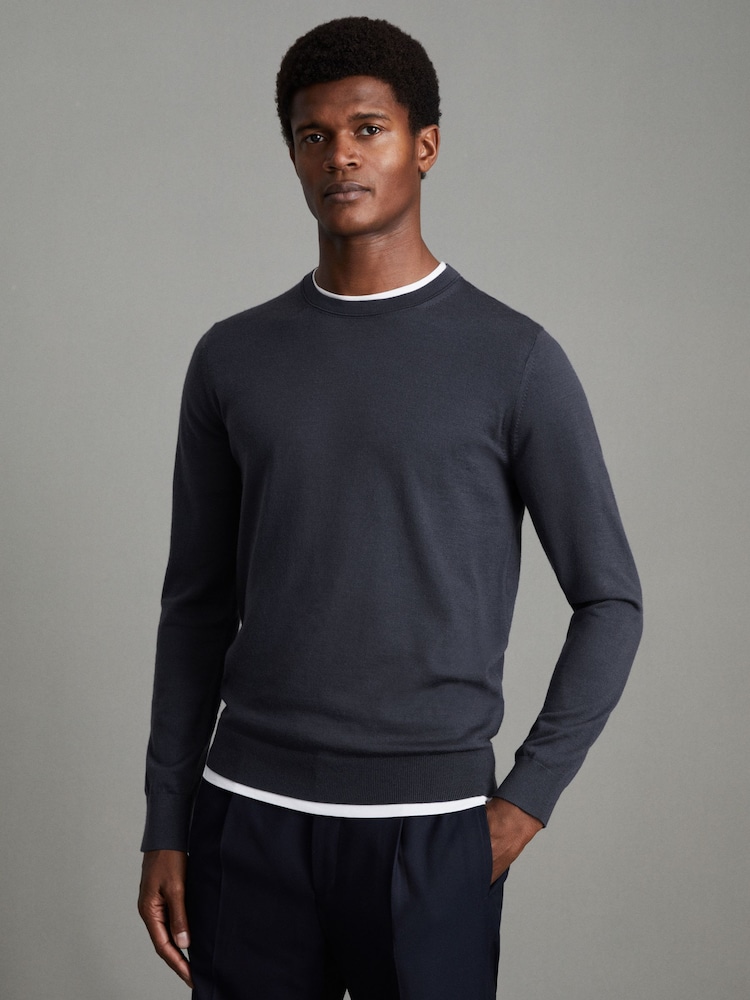 Reiss Blue Smoke Wessex Merino Wool Crew Neck Jumper - Image 1 of 6