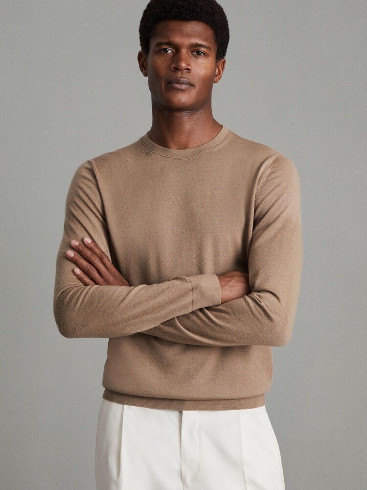 Reiss Camel Wessex Merino Wool Crew Neck Jumper - Image 1 of 6 Reiss Camel Wessex Merino Wool Crew Neck Jumper - Image 1 of 6