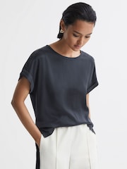 Reiss Navy Helen Silk Front Crew Neck T-Shirt - Image 1 of 5