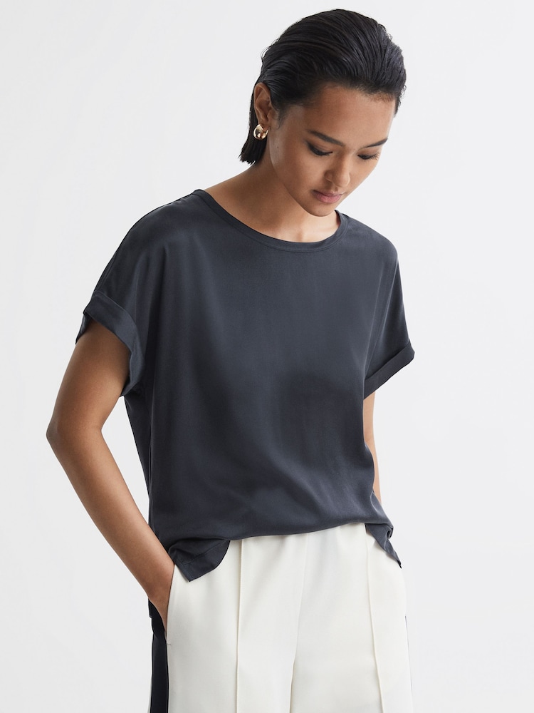 Reiss Navy Helen Silk Front Crew Neck T-Shirt - Image 1 of 5