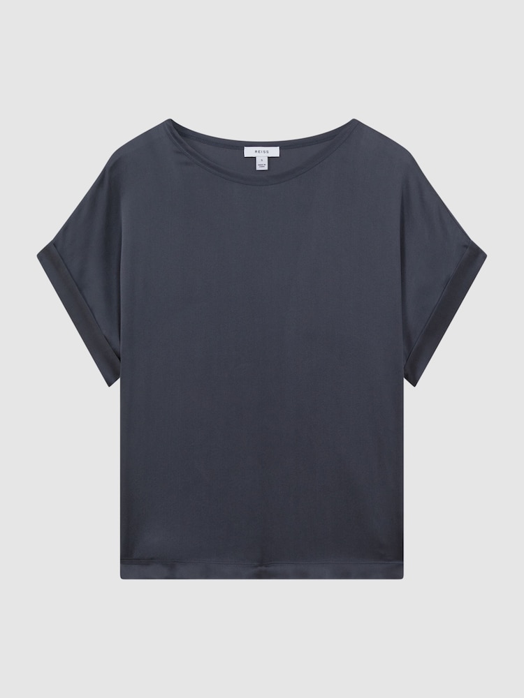 Reiss Navy Helen Silk Front Crew Neck T-Shirt - Image 2 of 5