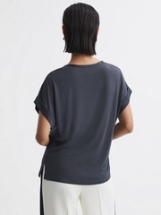 Reiss Navy Helen Silk Front Crew Neck T-Shirt - Image 5 of 5
