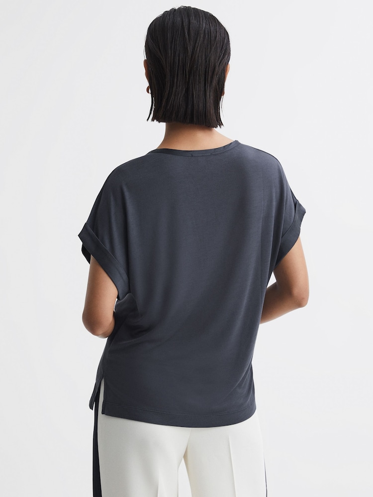 Reiss Navy Helen Silk Front Crew Neck T-Shirt - Image 5 of 5