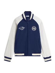 Tommy Hilfiger Blue Interlock Knit Colour-Blocked Relaxed Bomber Jacket - Image 1 of 1