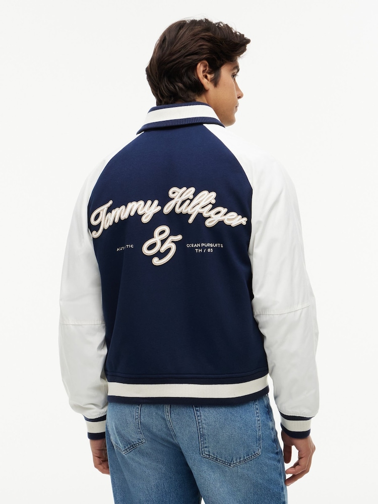Tommy Hilfiger Blue Interlock Knit Colour-Blocked Relaxed Bomber Jacket - Image 2 of 6