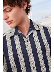 Navy Textured Stripe Short Sleeve Cuban Collar Shirt - Image 1 of 7