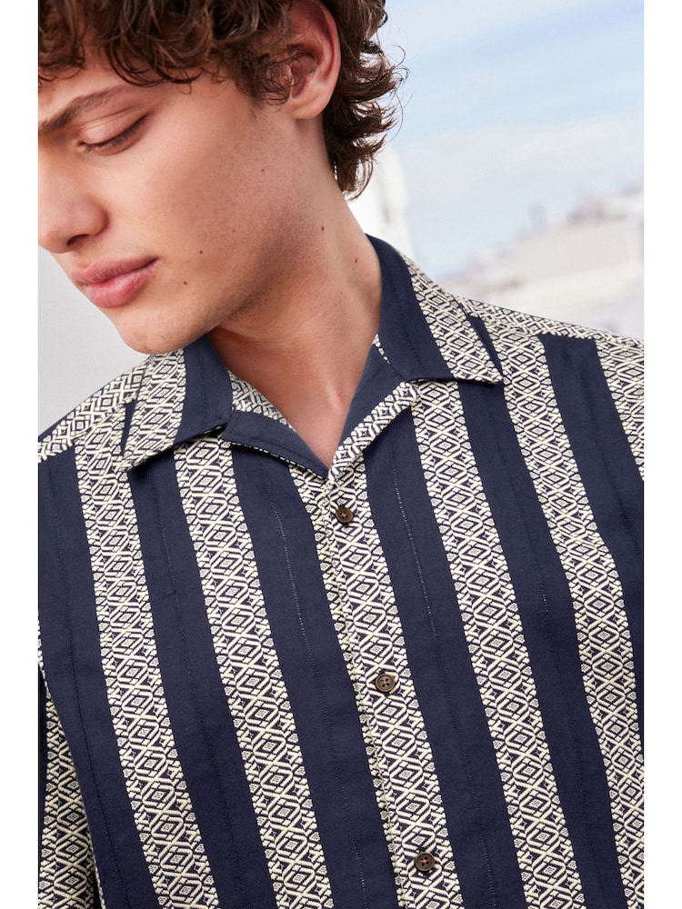 Navy Textured Stripe Short Sleeve Cuban Collar Shirt - Image 1 of 7