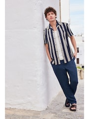 Navy Textured Stripe Short Sleeve Cuban Collar Shirt - Image 2 of 7