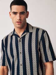 Navy Textured Stripe Short Sleeve Cuban Collar Shirt - Image 4 of 7