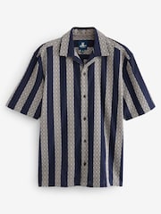 Navy Textured Stripe Short Sleeve Cuban Collar Shirt - Image 5 of 7