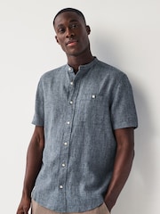 Navy Blue Grandad Collar Linen Blend Short Sleeve Shirt - Image 1 of 8