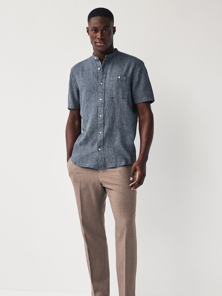 Navy Blue Grandad Collar Linen Blend Short Sleeve Shirt - Image 2 of 8