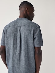Navy Blue Grandad Collar Linen Blend Short Sleeve Shirt - Image 3 of 8