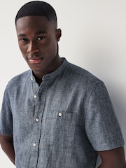 Navy Blue Grandad Collar Linen Blend Short Sleeve Shirt - Image 4 of 8
