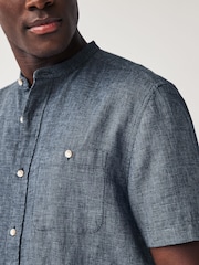 Navy Blue Grandad Collar Linen Blend Short Sleeve Shirt - Image 5 of 8