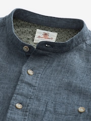 Navy Blue Grandad Collar Linen Blend Short Sleeve Shirt - Image 8 of 8