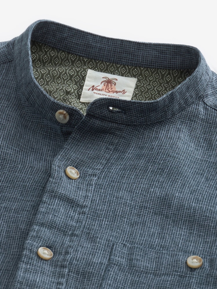 Navy Blue Grandad Collar Linen Blend Short Sleeve Shirt - Image 8 of 8