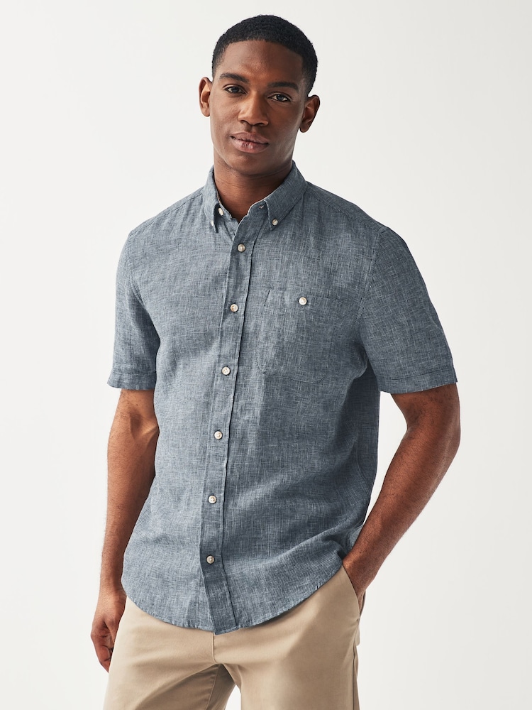 Navy Standard Collar Linen Blend Short Sleeve 100% Cotton Oxford Shirt - Image 1 of 1