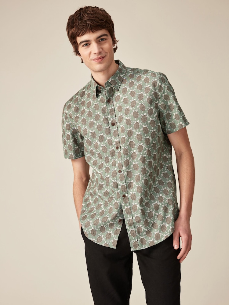 Green Linen Blend Printed Short Sleeve Shirt - Image 1 of 7