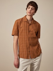 Brown Textured Check Short Sleeve Shirt With Cuban Collar - Image 1 of 1