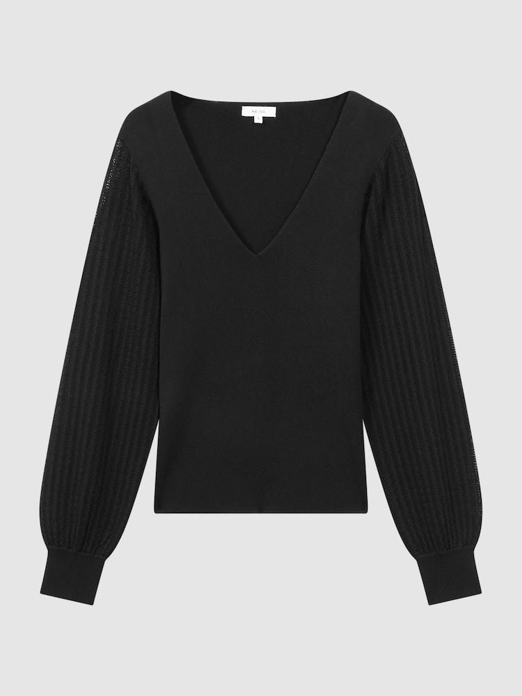 Reiss Black Lexi Knitted Blouson Sleeve Top - Image 2 of 4