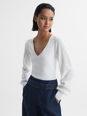 Reiss Ivory Lexi Knitted Blouson Sleeve Top - Image 1 of 5