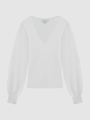 Reiss Ivory Lexi Knitted Blouson Sleeve Top - Image 2 of 5