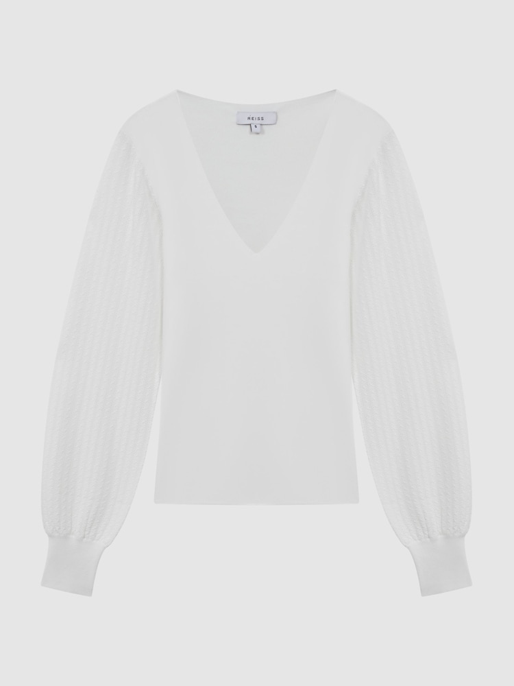 Reiss Ivory Lexi Knitted Blouson Sleeve Top - Image 2 of 5