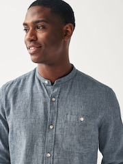 Navy Blue Grandad Collar Linen Blend Long Sleeve Shirt - Image 1 of 7