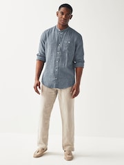 Navy Blue Grandad Collar Linen Blend Long Sleeve Shirt - Image 2 of 7