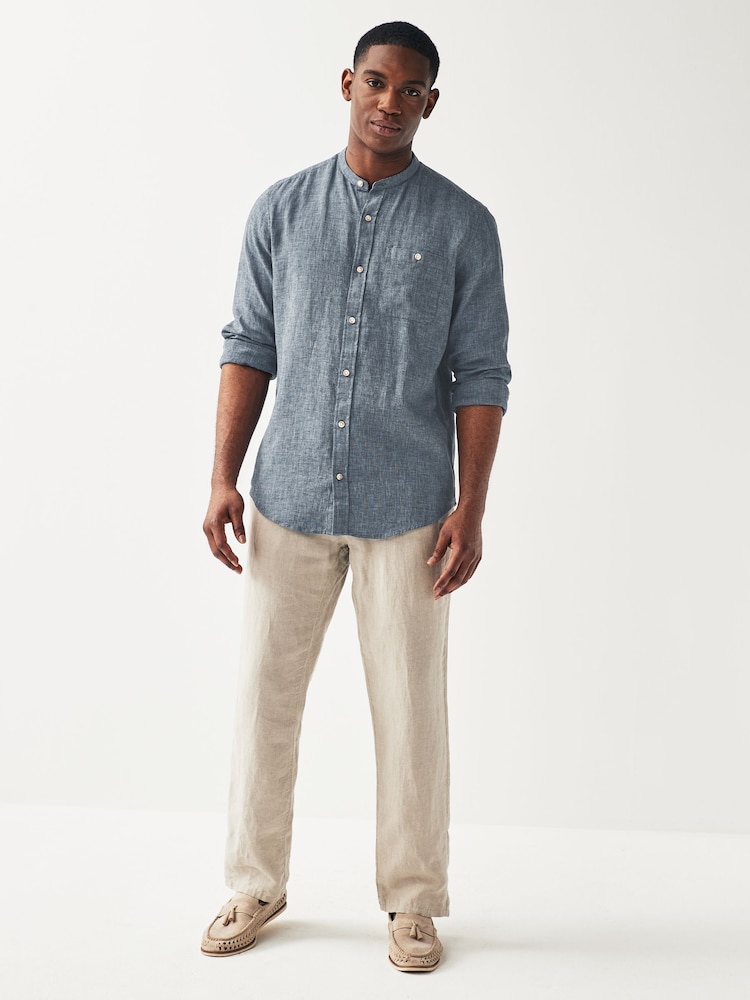 Navy Blue Grandad Collar Linen Blend Long Sleeve Shirt - Image 2 of 7