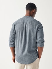 Navy Blue Grandad Collar Linen Blend Long Sleeve Shirt - Image 3 of 7