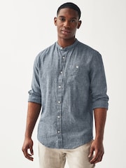 Navy Blue Grandad Collar Linen Blend Long Sleeve Shirt - Image 4 of 7