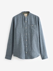 Navy Blue Grandad Collar Linen Blend Long Sleeve Shirt - Image 5 of 7